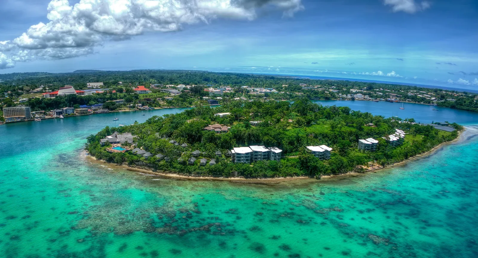 Aerial view of Port Vila and the tropical coastline of Vanuatu