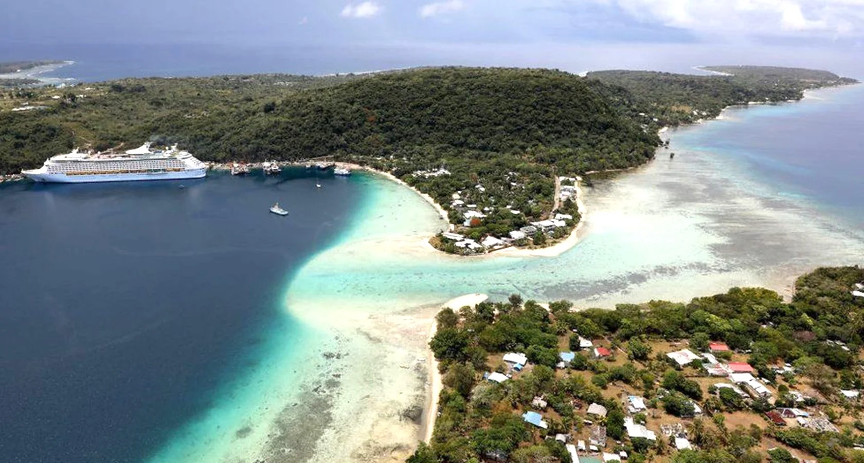 Aerial view of a Vanuatu island coastline and harbour