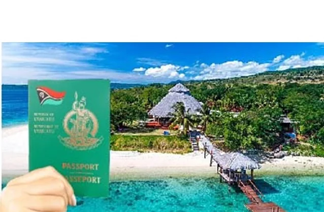 Vanuatu passport shown with a tropical island destination